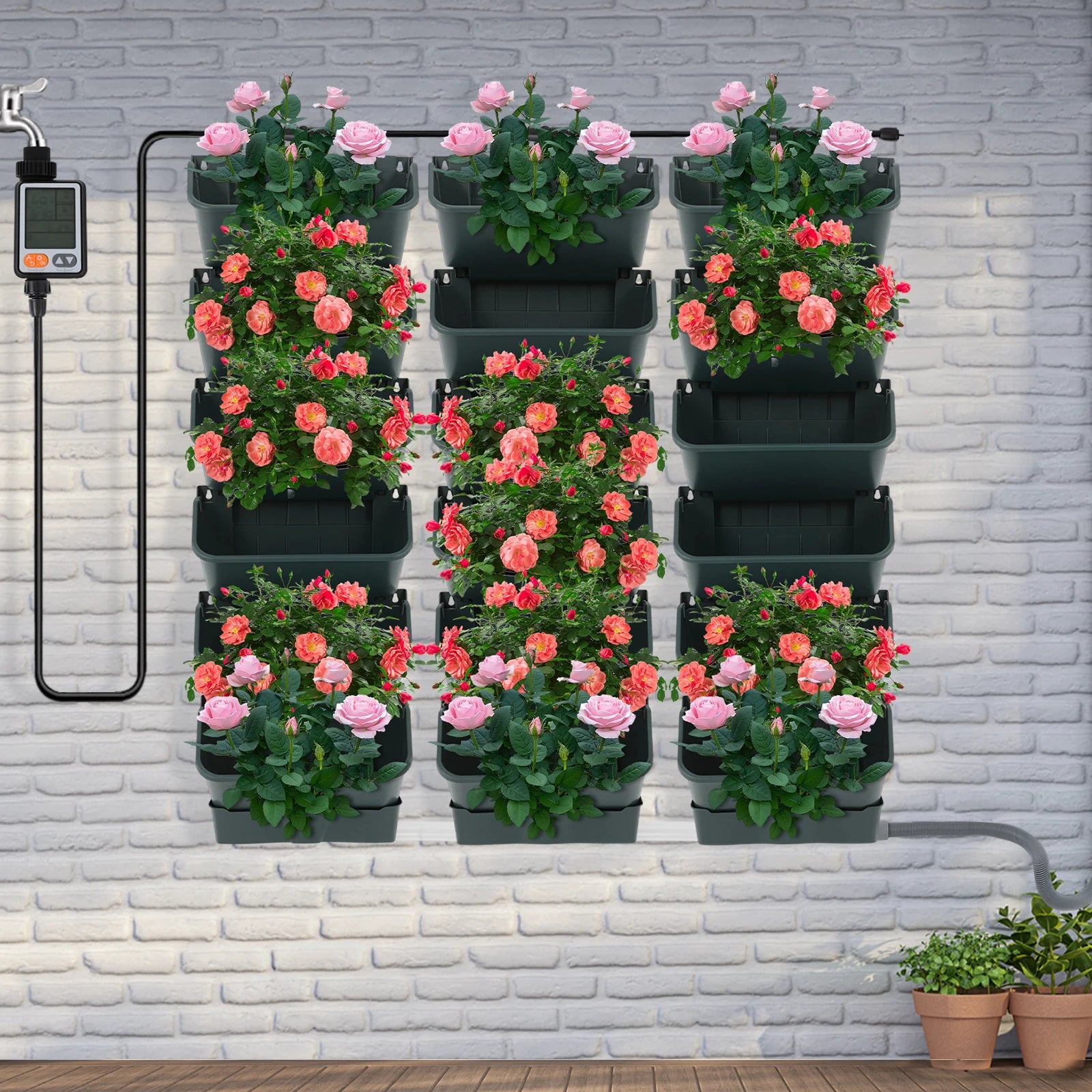 Automatic Self Watering Hanging Planter with Timer, 18 Pots Vertical Wall Garden System, Smart Drip Irrigation Kit for Indoor Outdoor Plants, Space Saving Wall Mounted Planter for Herbs Flowers Vegetables
