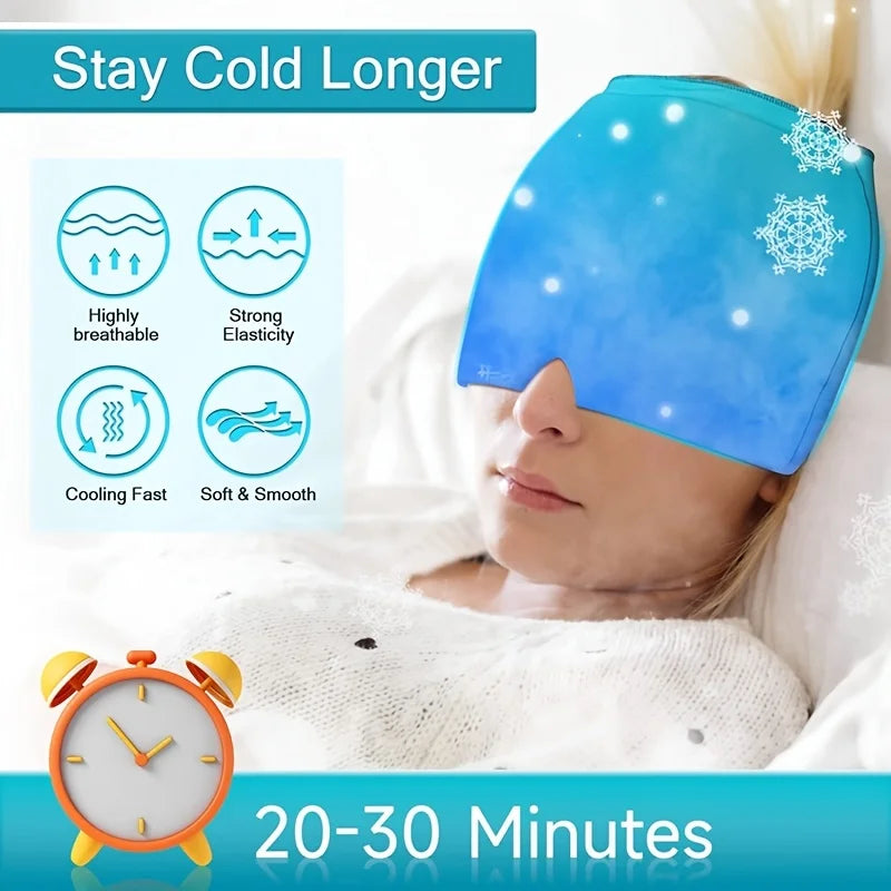 Blue gel ice pack headache hat for migraine relief, showing elastic, breathable, fast-cooling features for comfort.