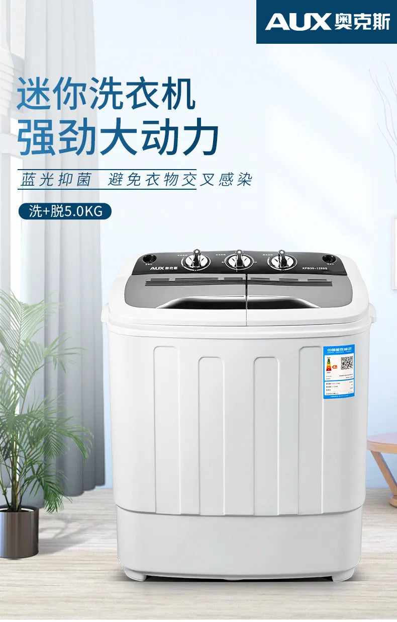 Tidesmit 5KG dual barrel semi-automatic washing machine showing compact laundry control panel and drain features
