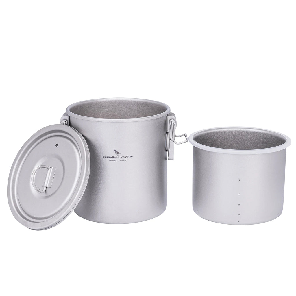 Titanium rice cooker pot with domed lid and nested inner pot, isolated on white