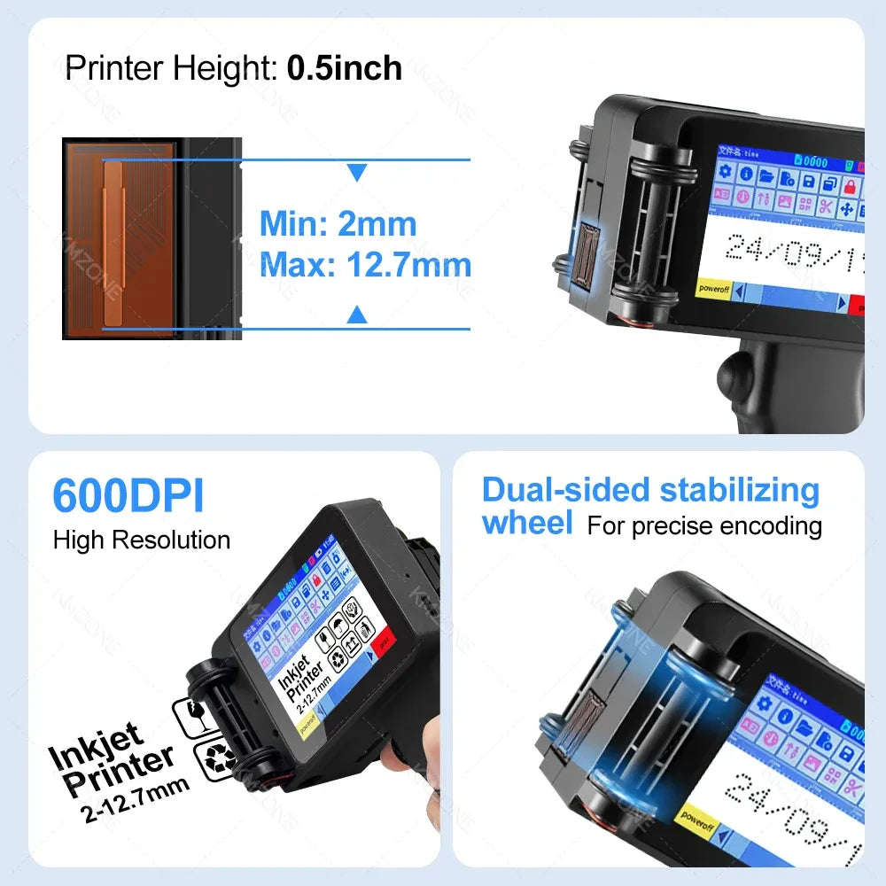 Handheld inkjet label printer front view with screen showing print width range and 600DPI mode