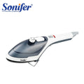 Sonifer garment steamer in white and dark grey with adjustable dial, ergonomic handle, and branding.