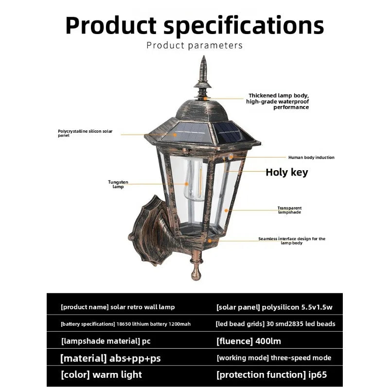 Outdoor Solar Wall Light for Courtyard, Corridor & Passageway - Motion Sensor, European Retro Style, Waterproof