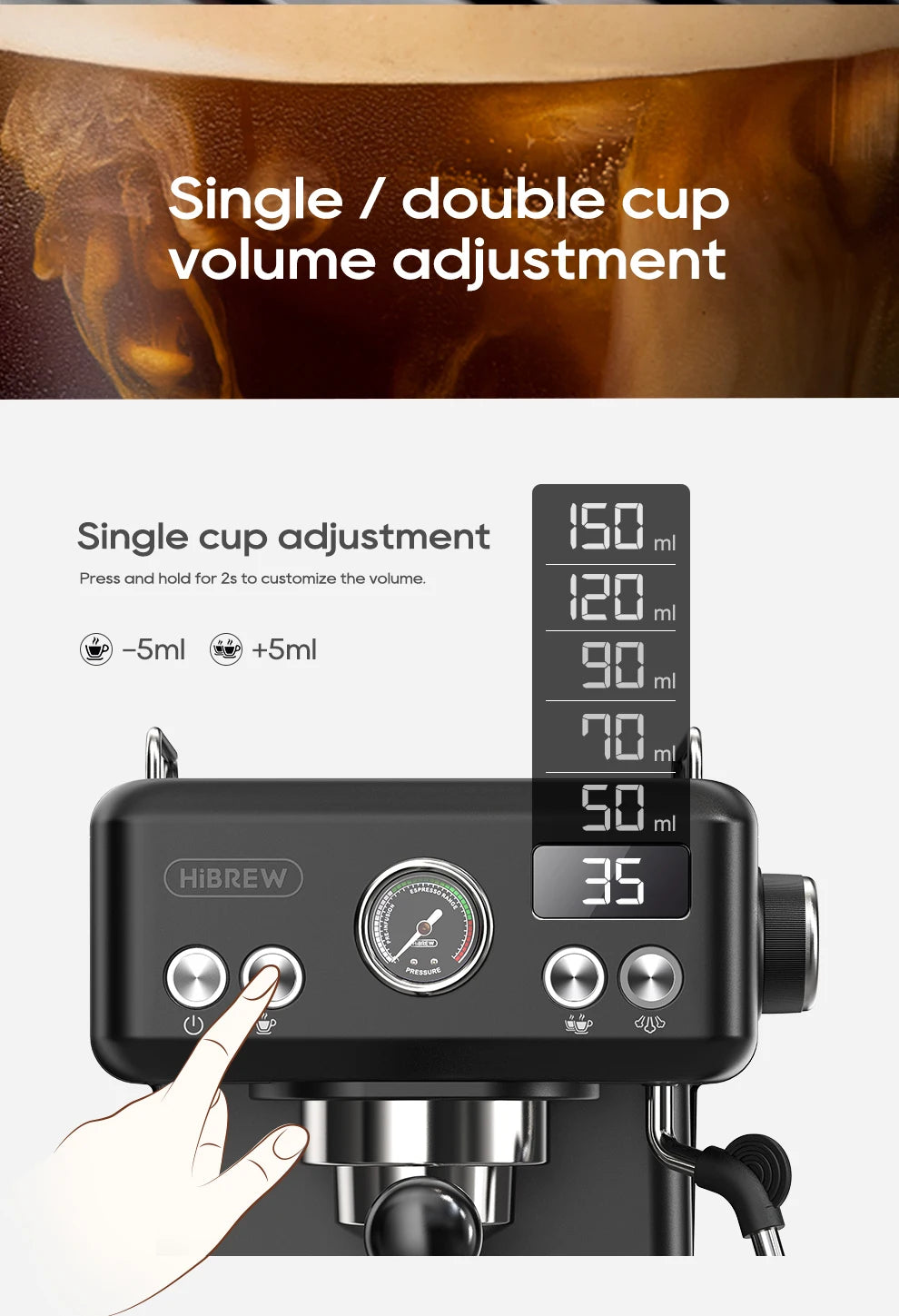 HiBREW black espresso machine showing digital single or double cup volume adjustment settings and pressure gauge.