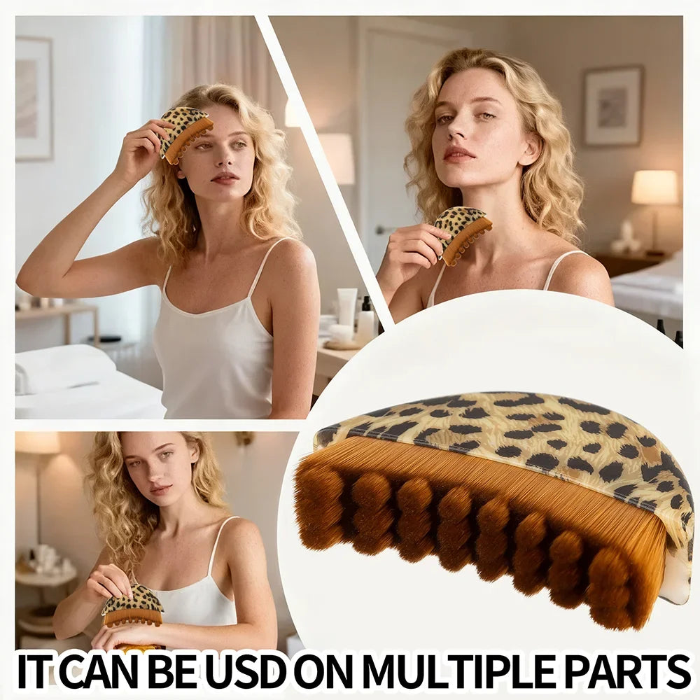 Leopard-print lymphatic contour face brush with soft brown bristles, shown being used for massage on face and arm.