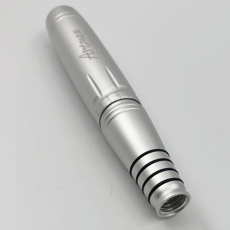 Silver Artmex V8 rotary tattoo pen for permanent makeup, microblading, and MTS machine with adjustable depth grip.