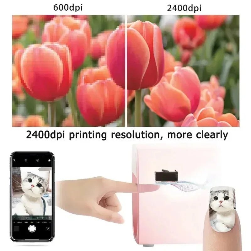 Smart 3D nail printer machine with 2400 DPI, WiFi app control, and portable design for salon or DIY home nail art.