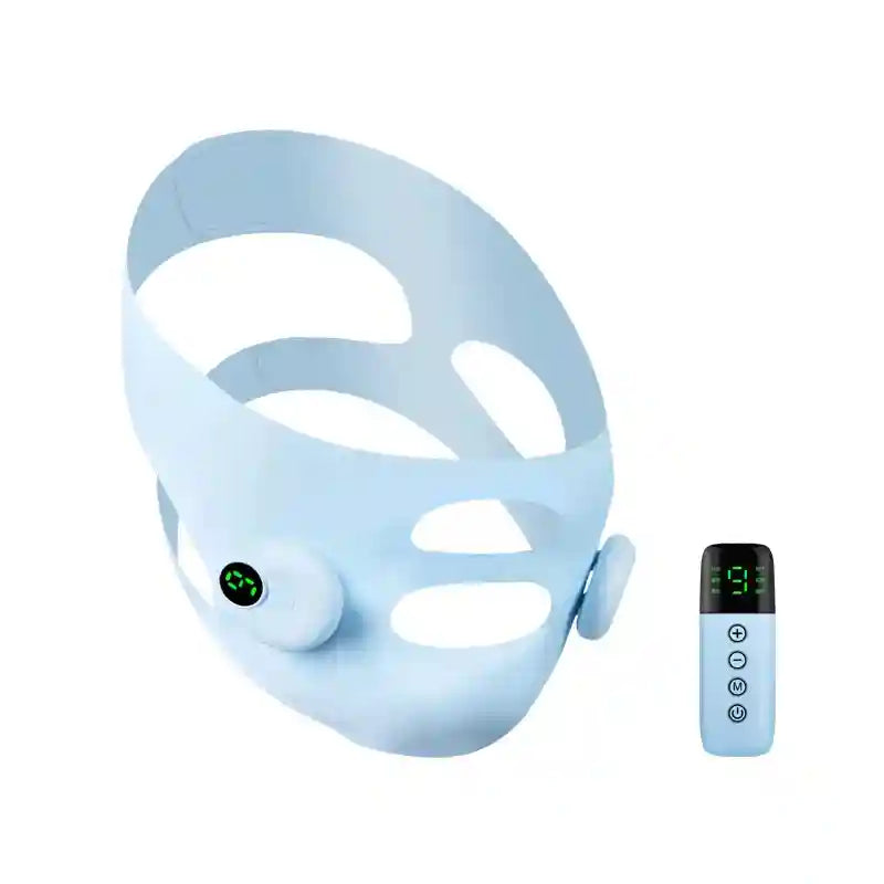 Light blue EMS facial lifting strap with ear-shaped massagers, LED display, and matching remote control.