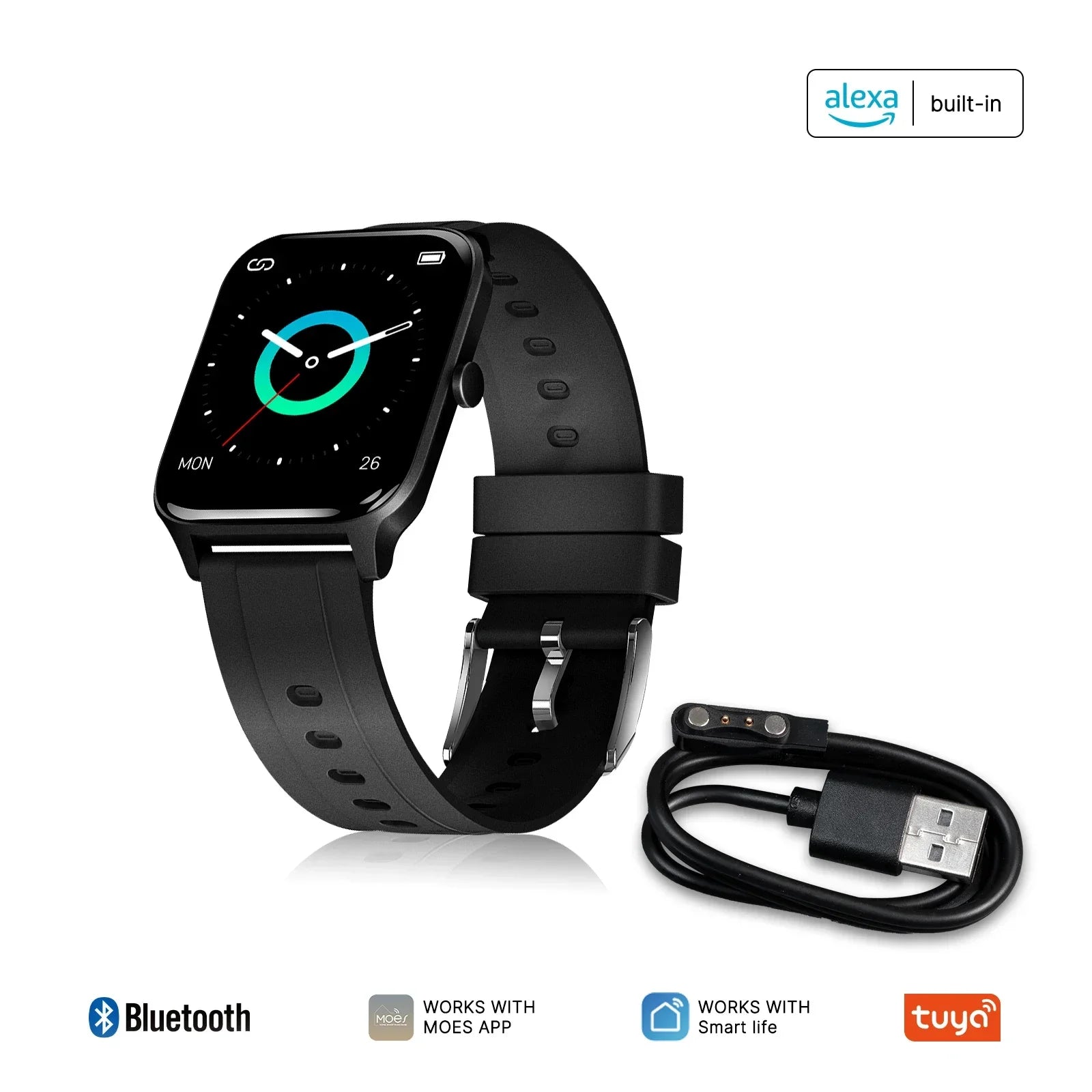 MOES Smart Watch Alexa Built-in Fitness Tracker Heart Rate and Two Dial Styles Blood Oxygen Monitor, IP68 Waterproof Touchscreen