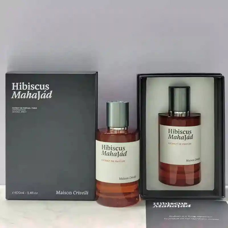 Maison Crivelli Hibiscus Mahajád Extrait de Parfum 100ml. Unisex amber floral spray in a sleek cylinder glass bottle.