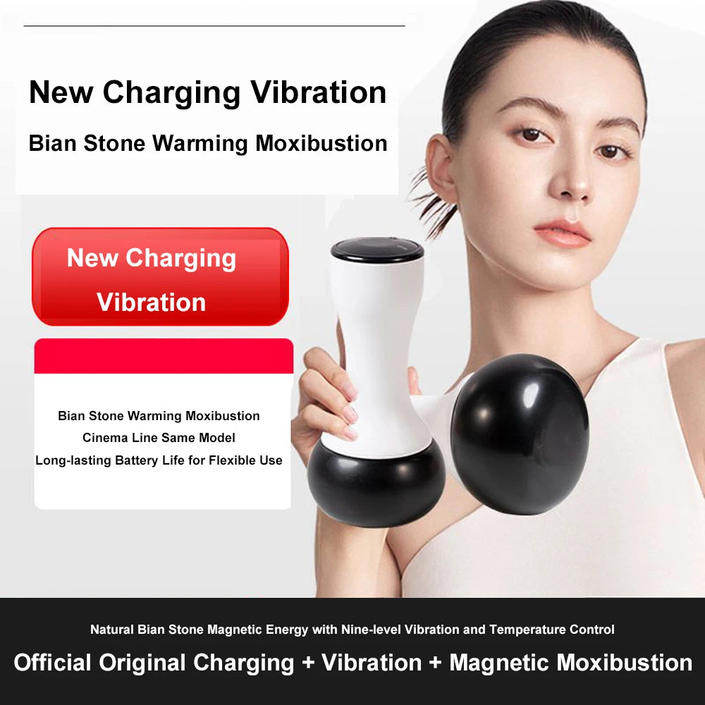 Woman holding a white and black, mushroom-shaped electric Bian stone massager for heating and vibration therapy.