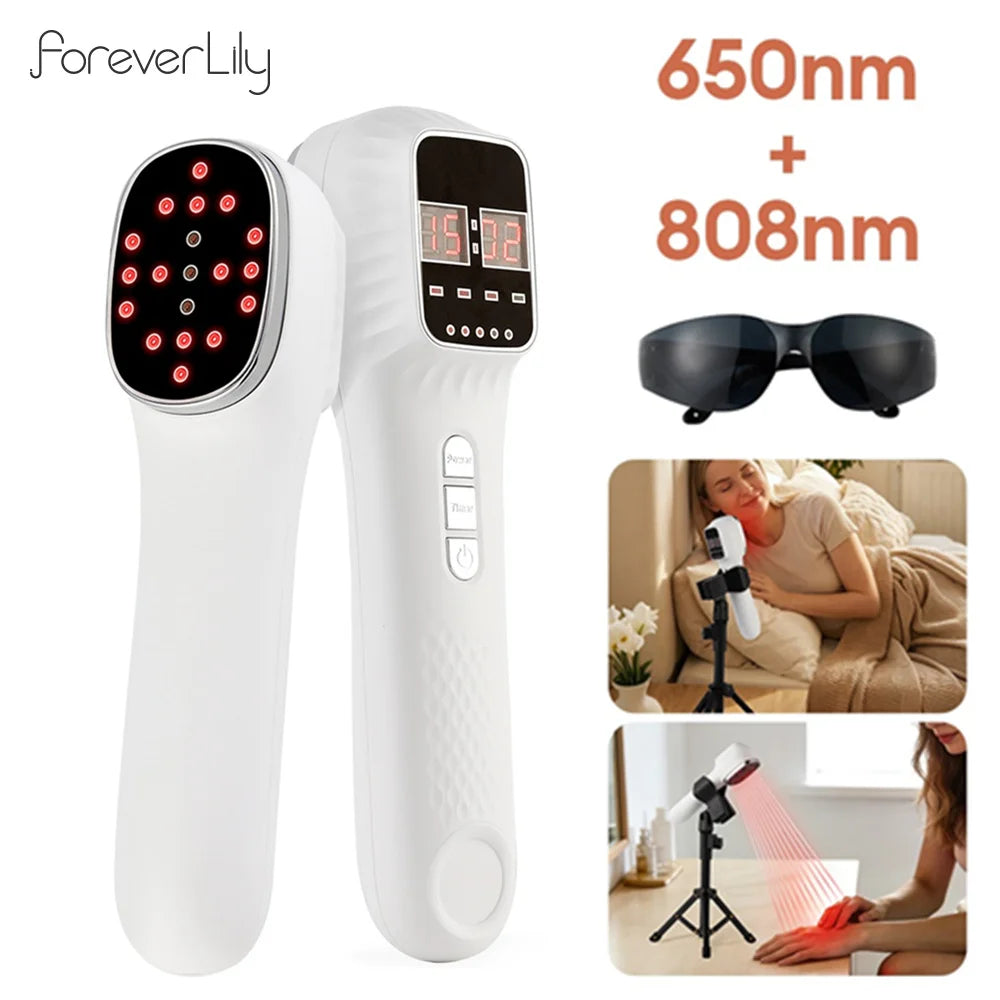 White handheld cold laser therapy device with red light diodes, digital display, control buttons, and protective
