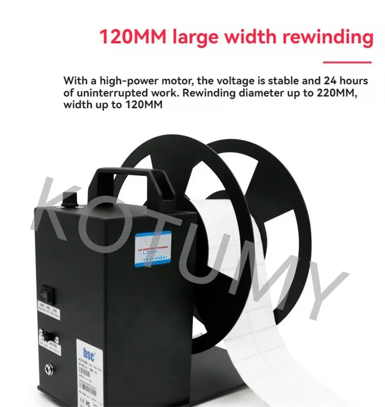 Wide label rewinder with dual reels, white label tape roll, and front power label