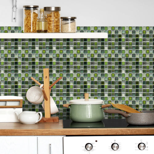 Peel-and-stick mosaic tile stickers, green glass-look grid backsplash design