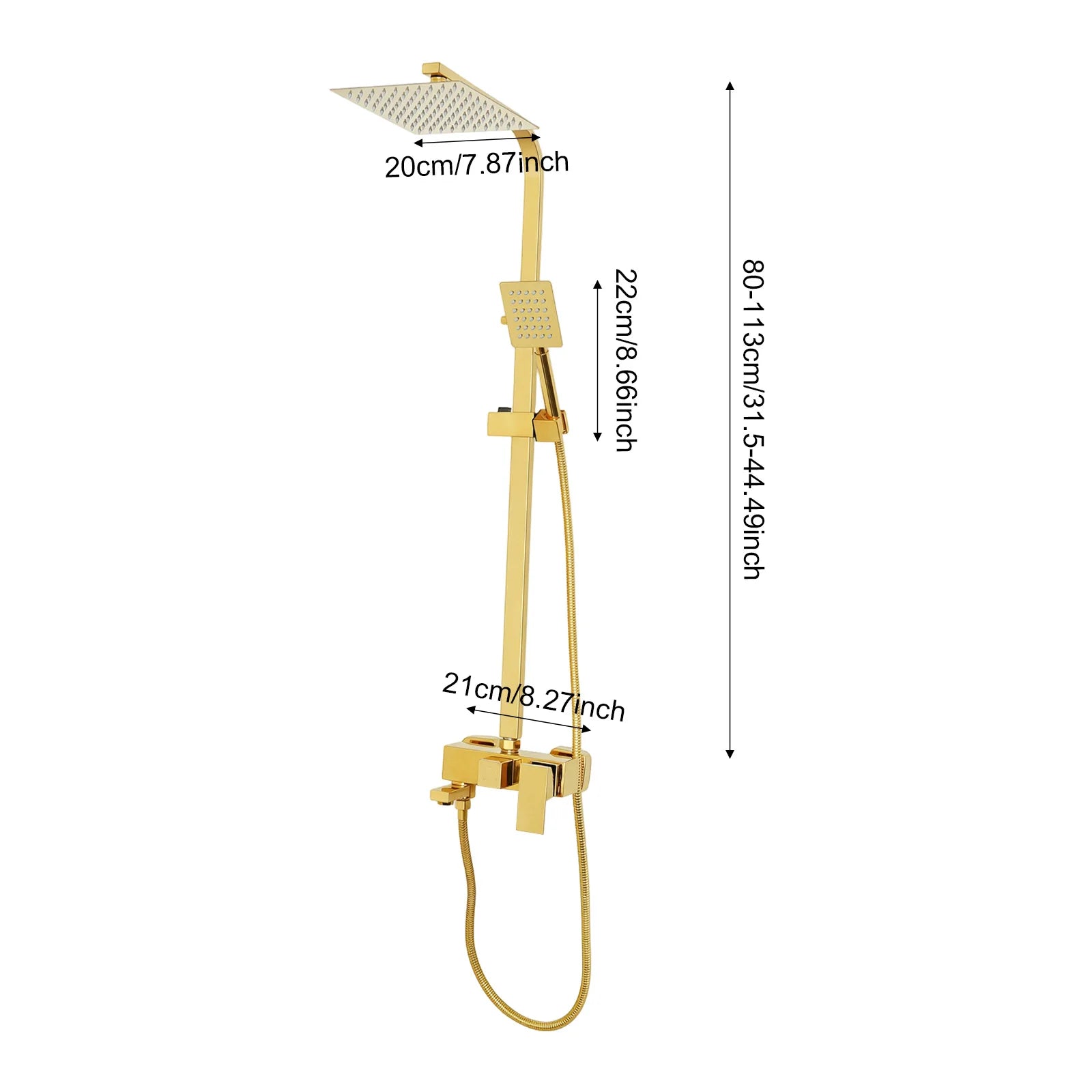 Adjustable Gold Brass Shower Column Set, Rain Shower & Handheld Shower with Stainless Steel Hose, Bathroom Shower Faucet Set