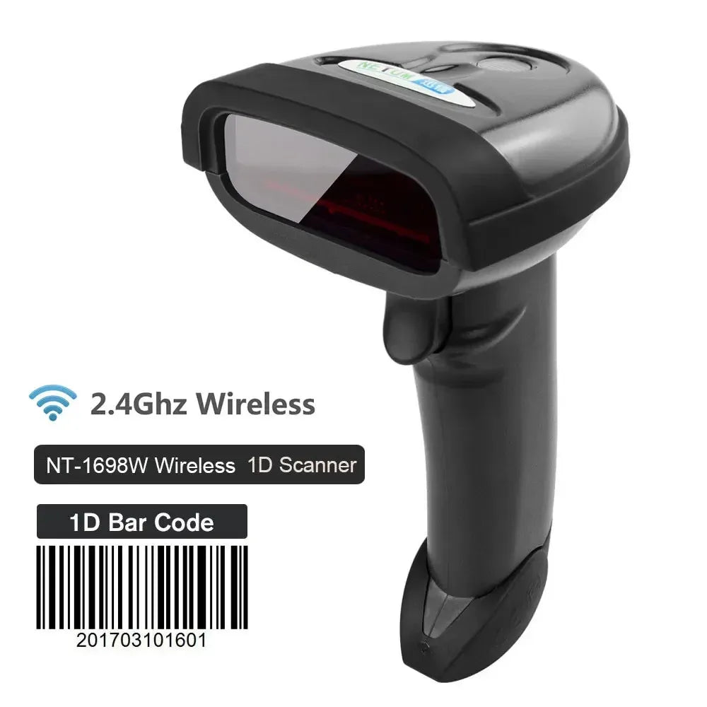 Handheld black 1D barcode scanner with angled body and visible front scan window