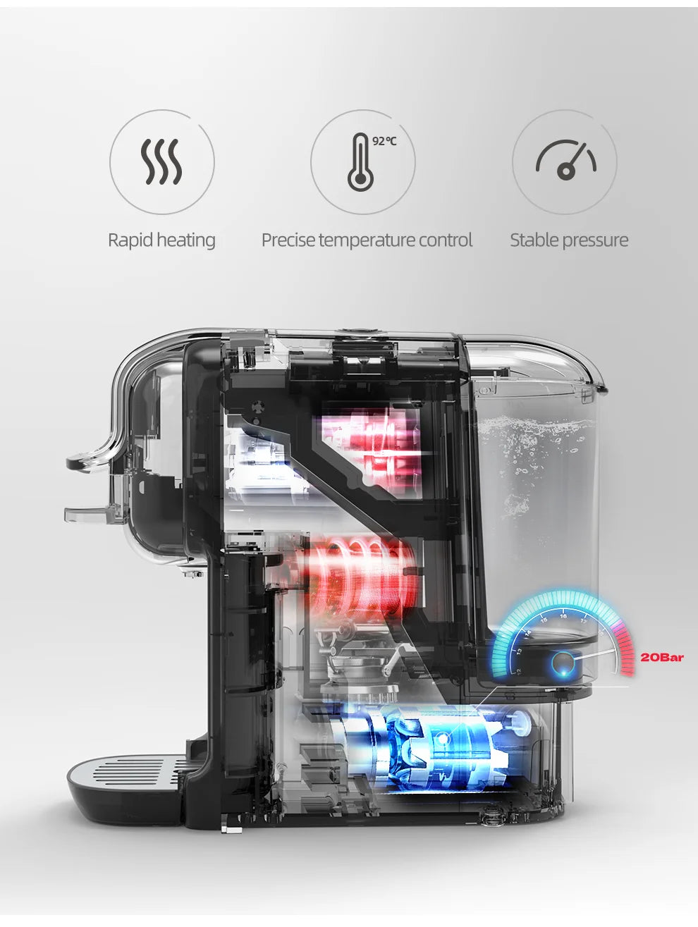 Transparent black 20-bar espresso machine with visible internal heating and pressure gauge technology.