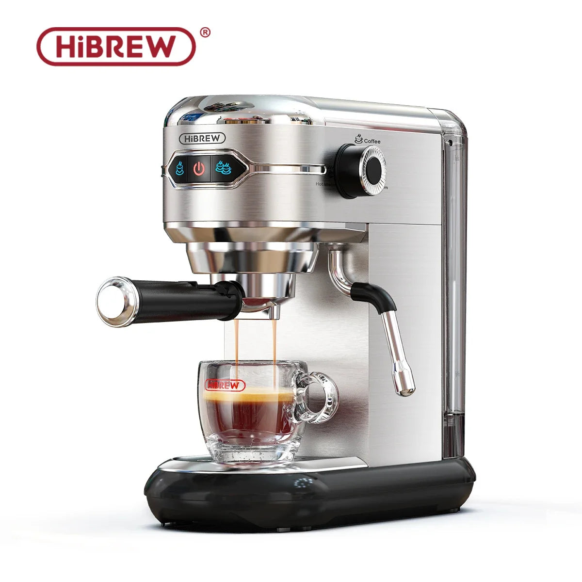 HiBREW stainless steel espresso machine with portafilter, steam wand, and glass cup on a white background.