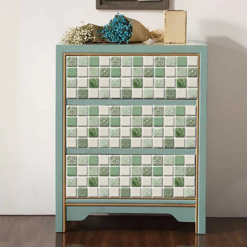 Green and white mosaic tile sticker set with embossed square design and grid layout