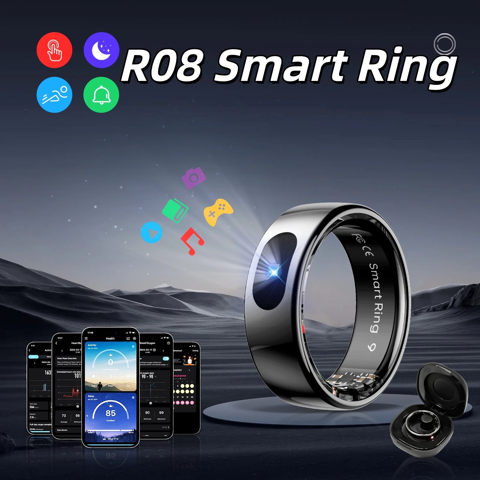 R08 Smart Ring with Charging Case Men Women Health and Sleep Monitor Heart Rate Monitoring 5ATM Waterproof Multi Sport Mode