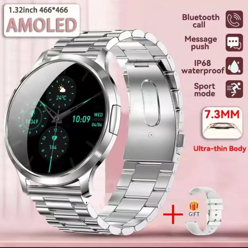 Women’s ultra-thin AMOLED smart watch, silver steel link band, round black display