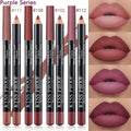 4pc velvet matte lipstick pencil set in nude brown and purple shades. Waterproof, long-lasting matte lip makeup.