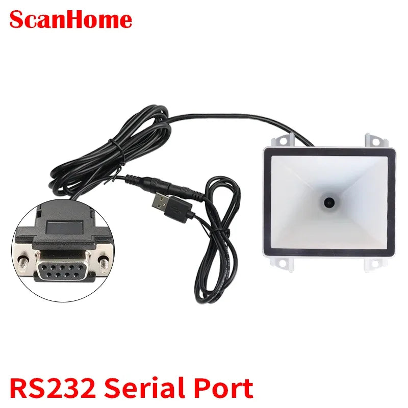 Fixed-mount barcode scanner with USB cable and RS232 serial connector