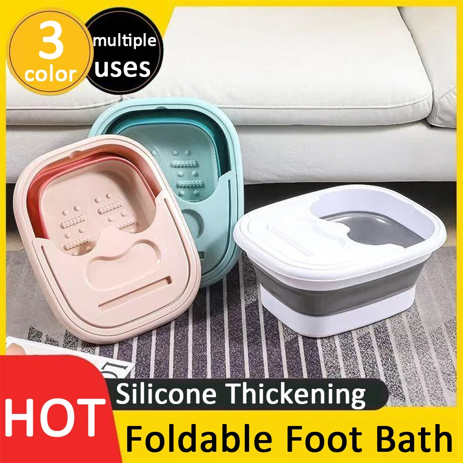 Portable, foldable silicone foot bath tubs with massage rollers in pink, blue, and gray for home or travel use.