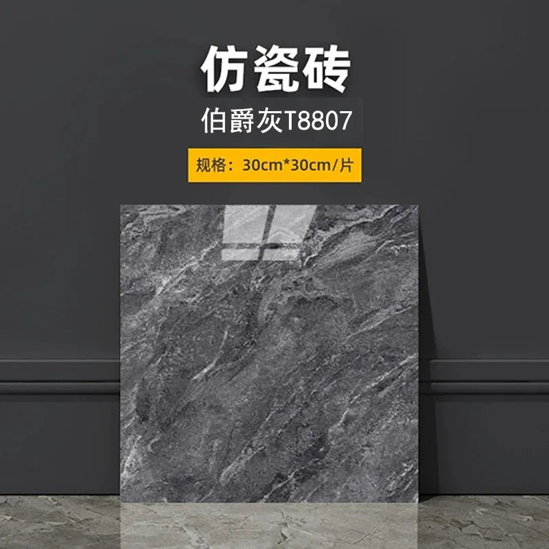 Charcoal gray marble-look self-adhesive tile wall sticker with linear dark streaks.