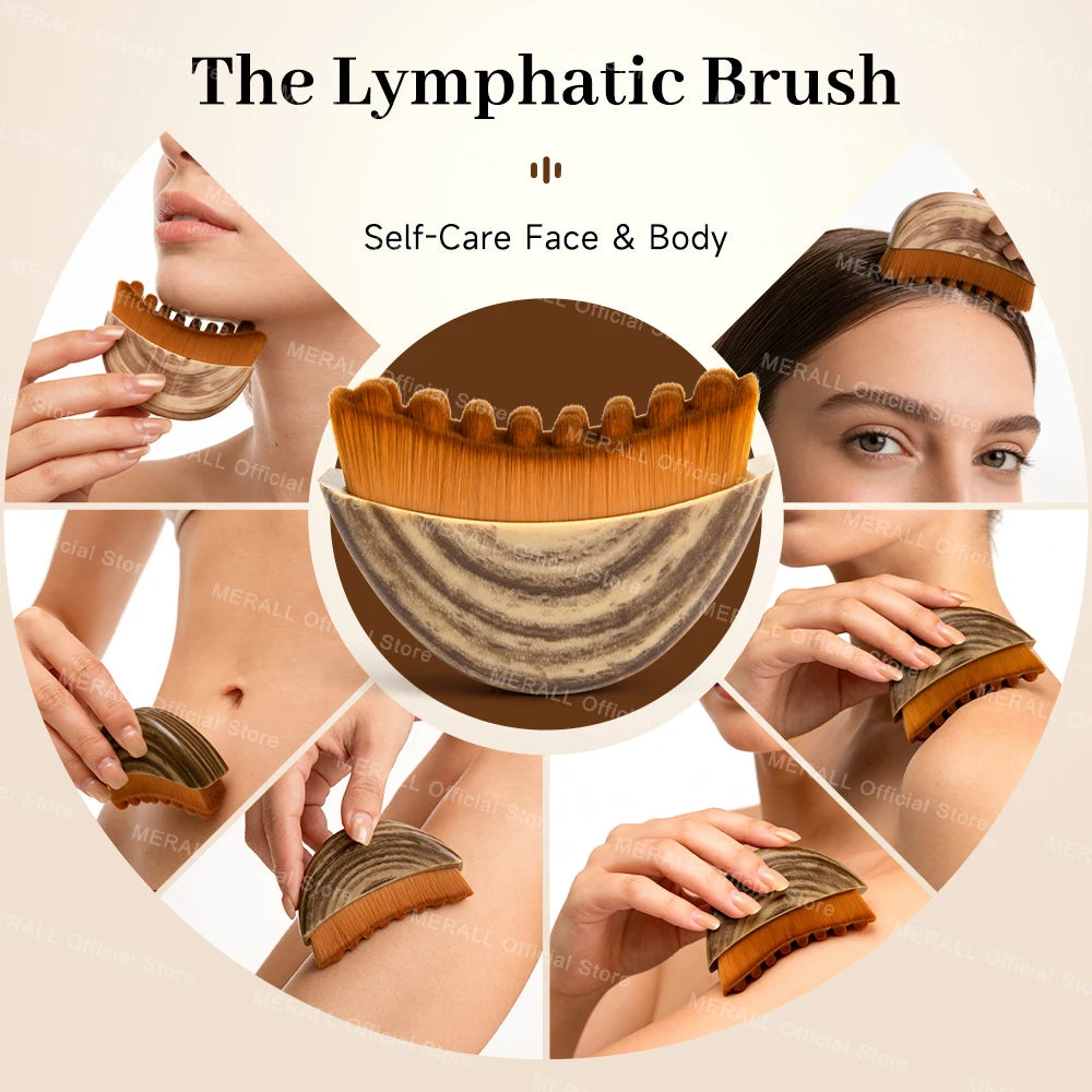 Crescent-shaped wooden massage brush with soft brown bristles for lymphatic drainage on the face and body.