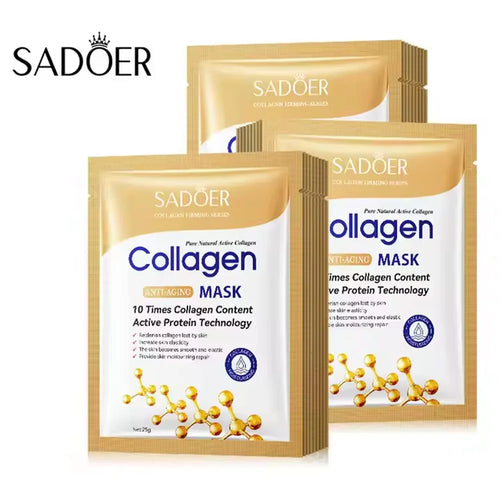 Collagen anti-aging face mask pouch set, gold and white packaging