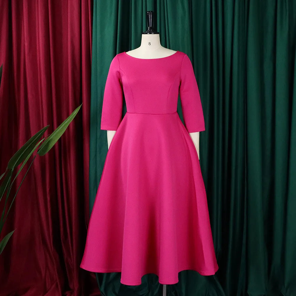 Elegant Pure Color Maxi Dress Evening Gown A- Line Skirt Polyester Fabric round Neck Short Sleeve High Waist Midi Dress