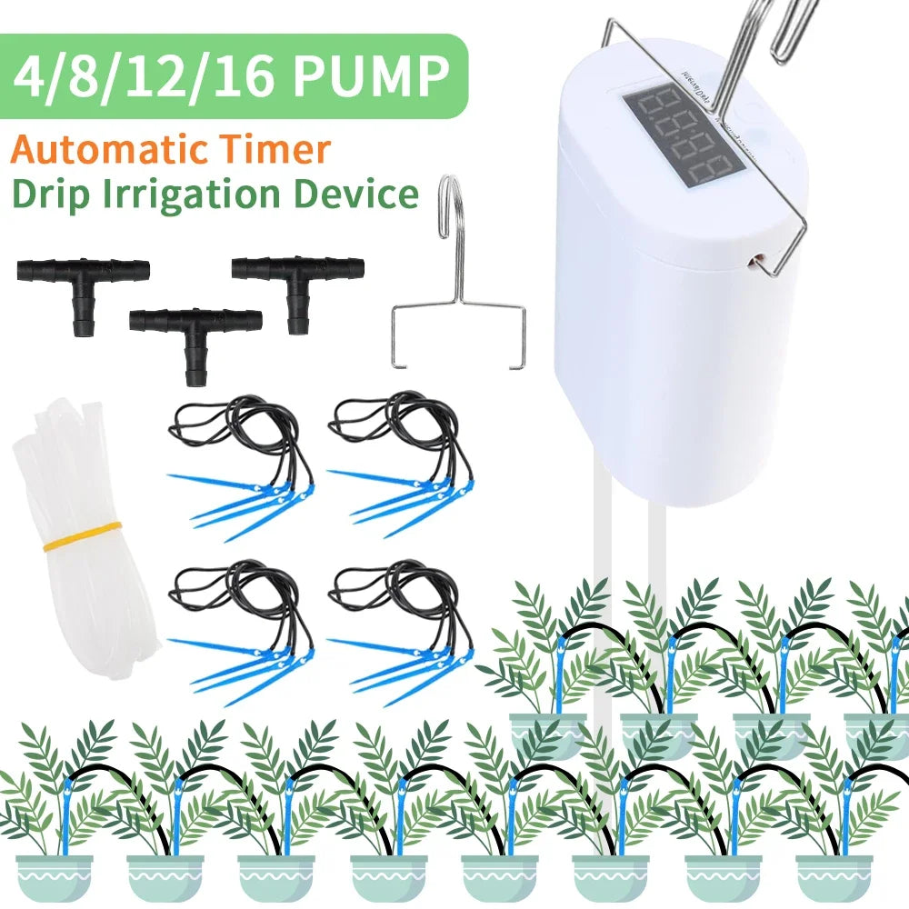 Automatic timer drip irrigation pump kit with white controller, four-way tubing and multiple drippers.