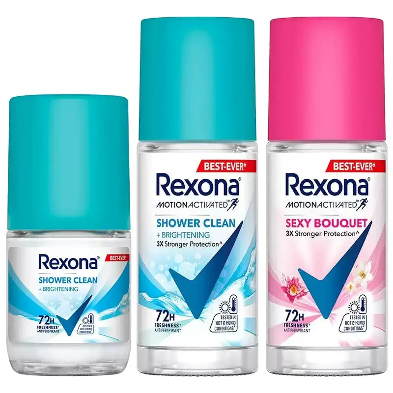 Rexona Roll-On Deodorant 45ml for women with floral scent, providing long-lasting freshness and antiperspirant care.