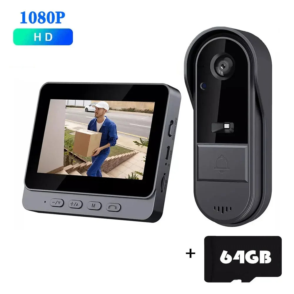 Black Wi‑Fi doorbell camera with 4.3in screen, 64GB SD card