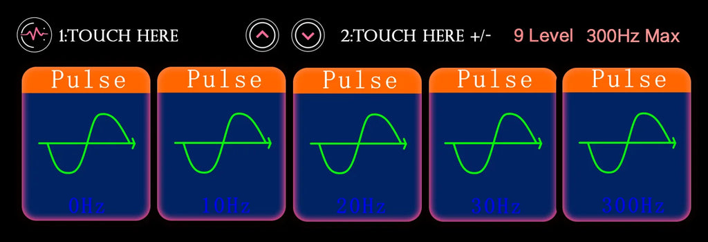 Digital interface for red light therapy panel with 9 pulse levels, adjustable frequency settings, and touch controls.