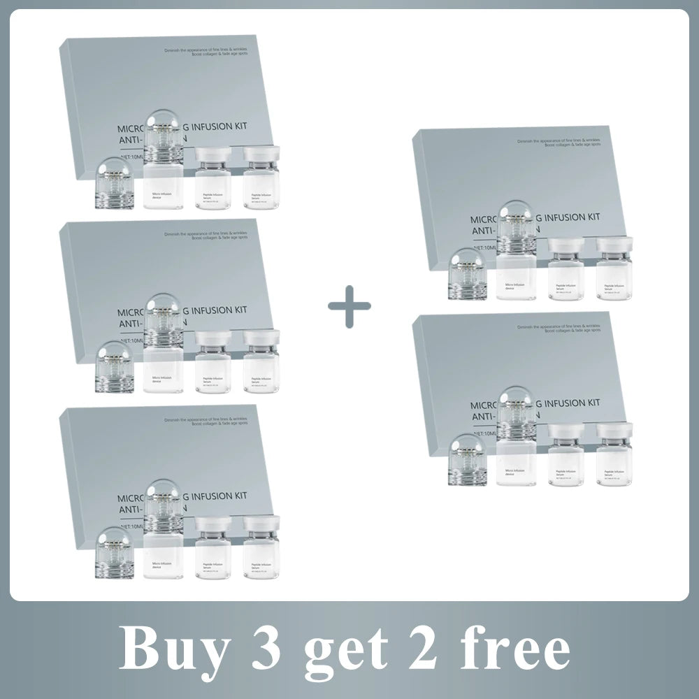 Five anti-wrinkle micro infusion kits with serum vials and applicator caps, displayed with a "Buy 3 get 2 free" offer.