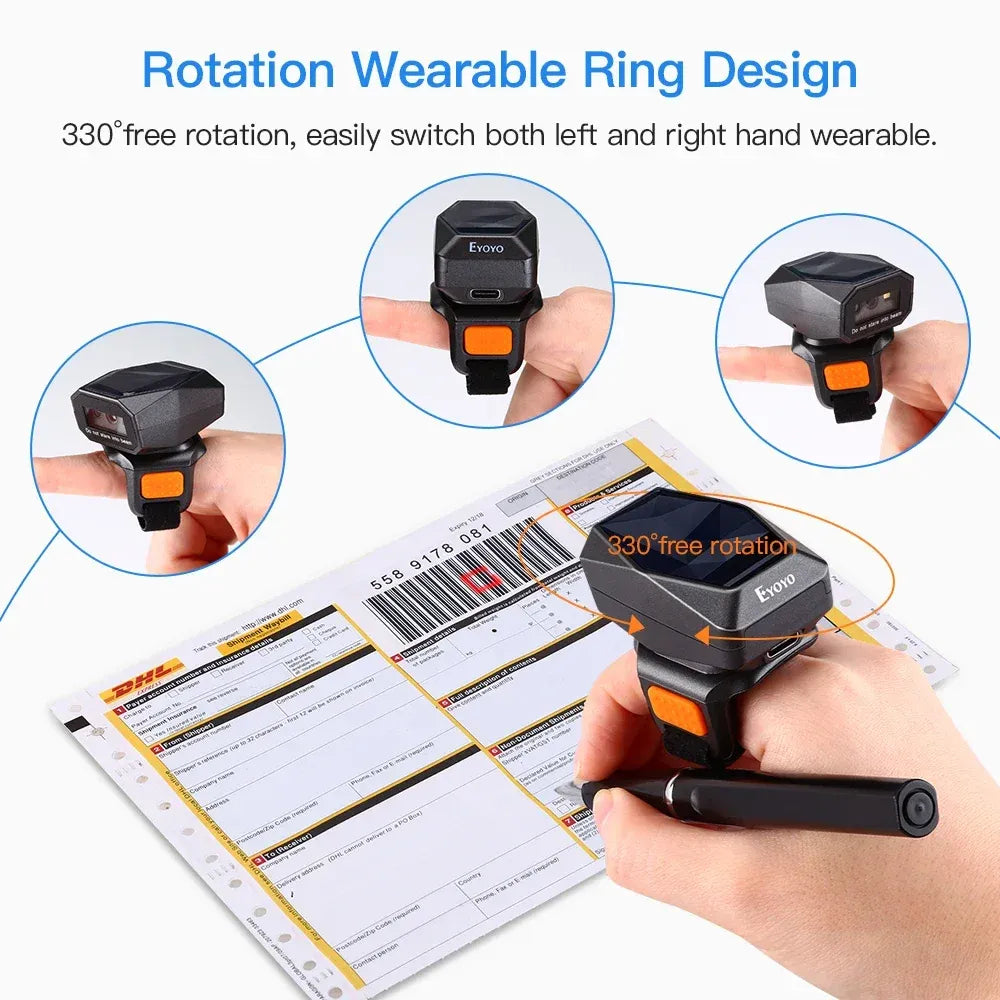 Wearable ring barcode scanner with 330° rotation, handheld over a barcode label sheet.