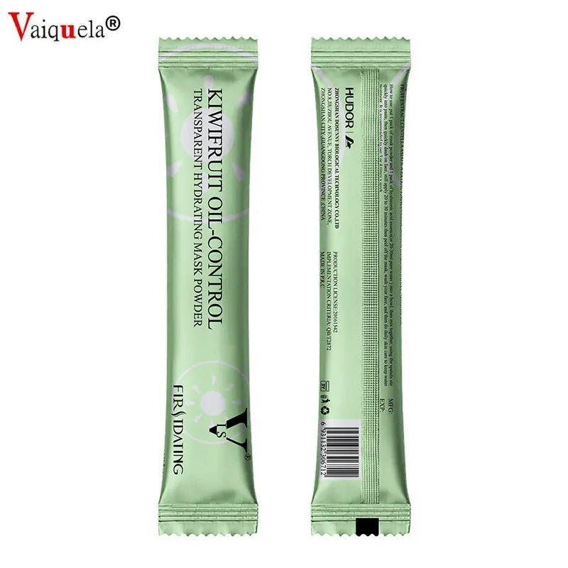 Two vertical sachets of light green Kiwifruit oil-control mask powder, showing front and back packaging details.