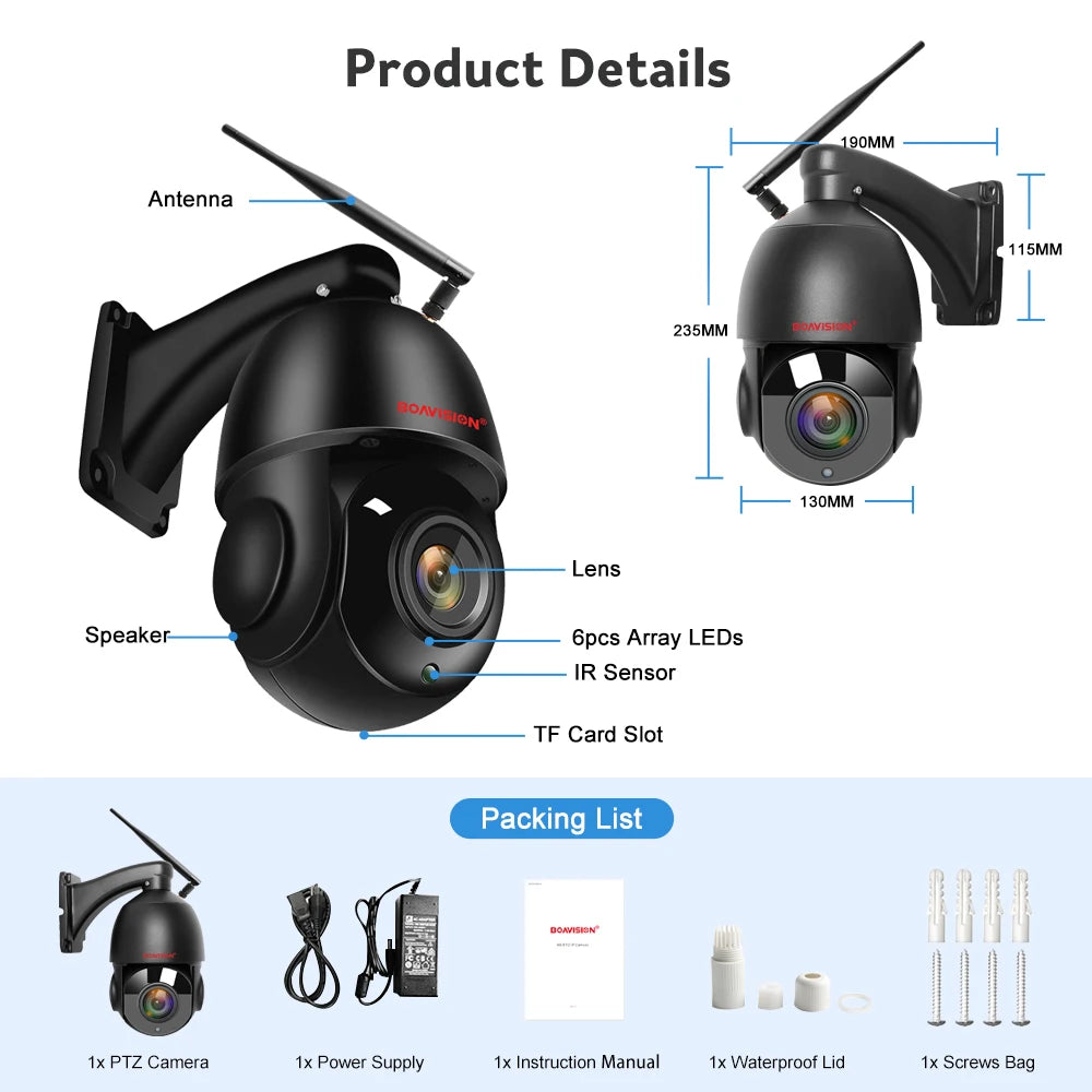 Outdoor IP Camera WIFI POE PTZ 30X Zoom 4K 8MP AI Auto Tracking Humanoid Detection Two Way Audio Security Camera