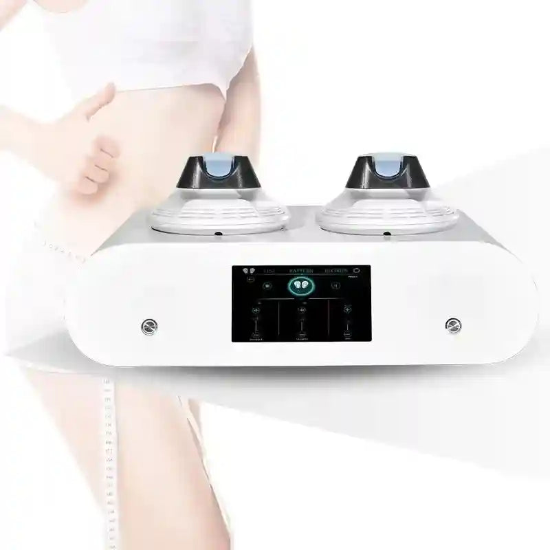 White HIEMT EMS RF body sculpting machine with touchscreen and dual applicators for fat loss and muscle stimulation.