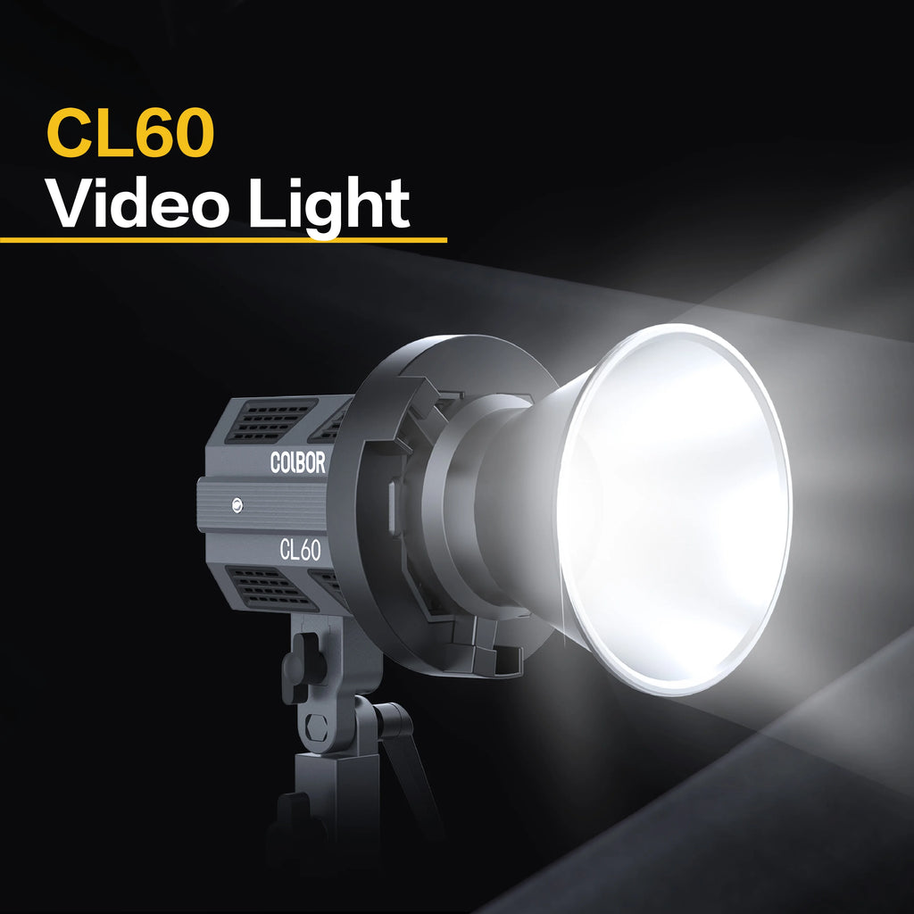 CL60 video light, a compact grey LED spotlight with a reflector cone on a stand, emitting a bright white beam.