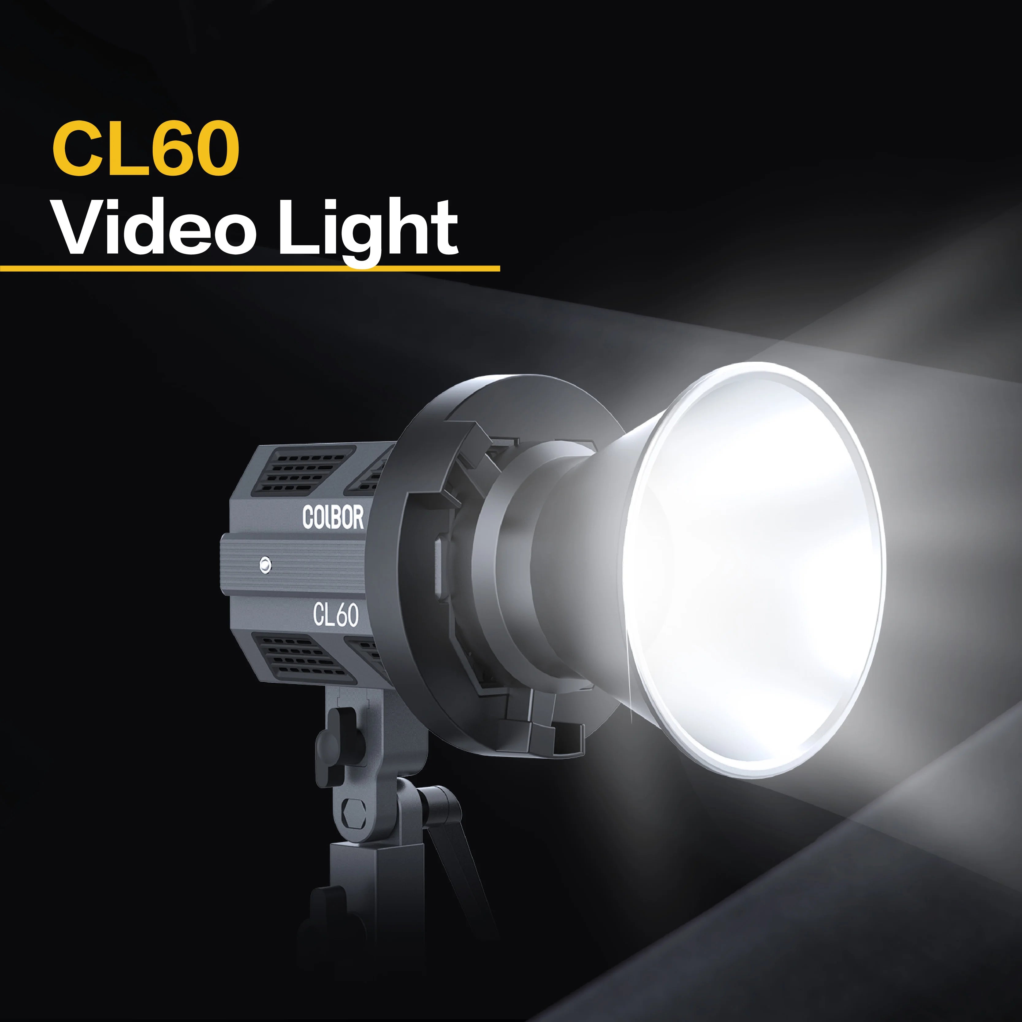CL60 video light, a compact grey LED spotlight with a reflector cone on a stand, emitting a bright white beam.