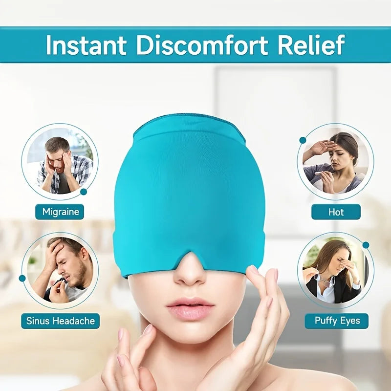 Blue gel ice pack headache hat for migraine, sinus, and stress relief, worn as a cold therapy cap mask.