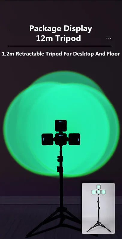 1.2m retractable tripod with three square LED lights emitting a green glow, for use as a floor or desktop light stand.