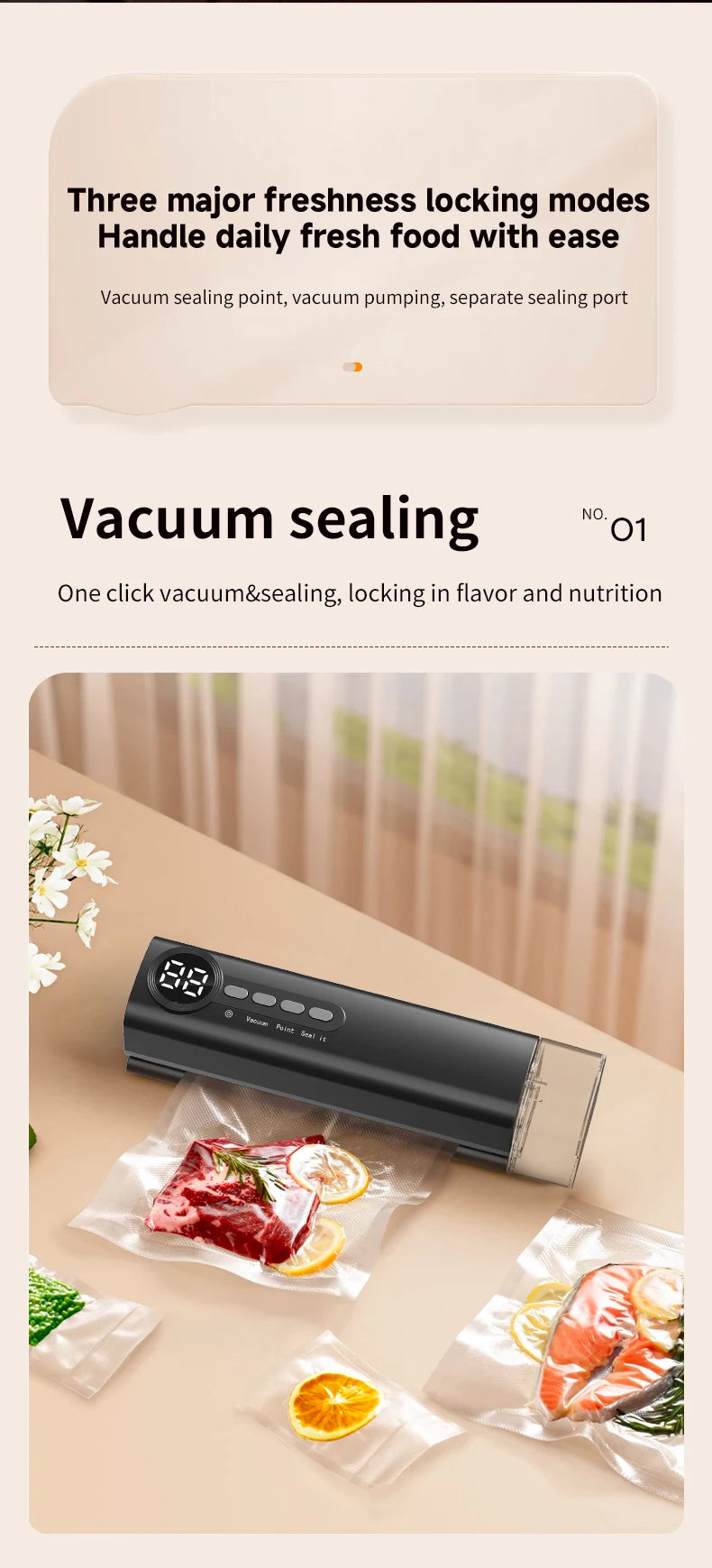 Portable Vacuum Sealer Machine 62kPa Rechargeable Food Vacuum Sealing Machine 150mm Heat Sealer with 3 Temperature Levels