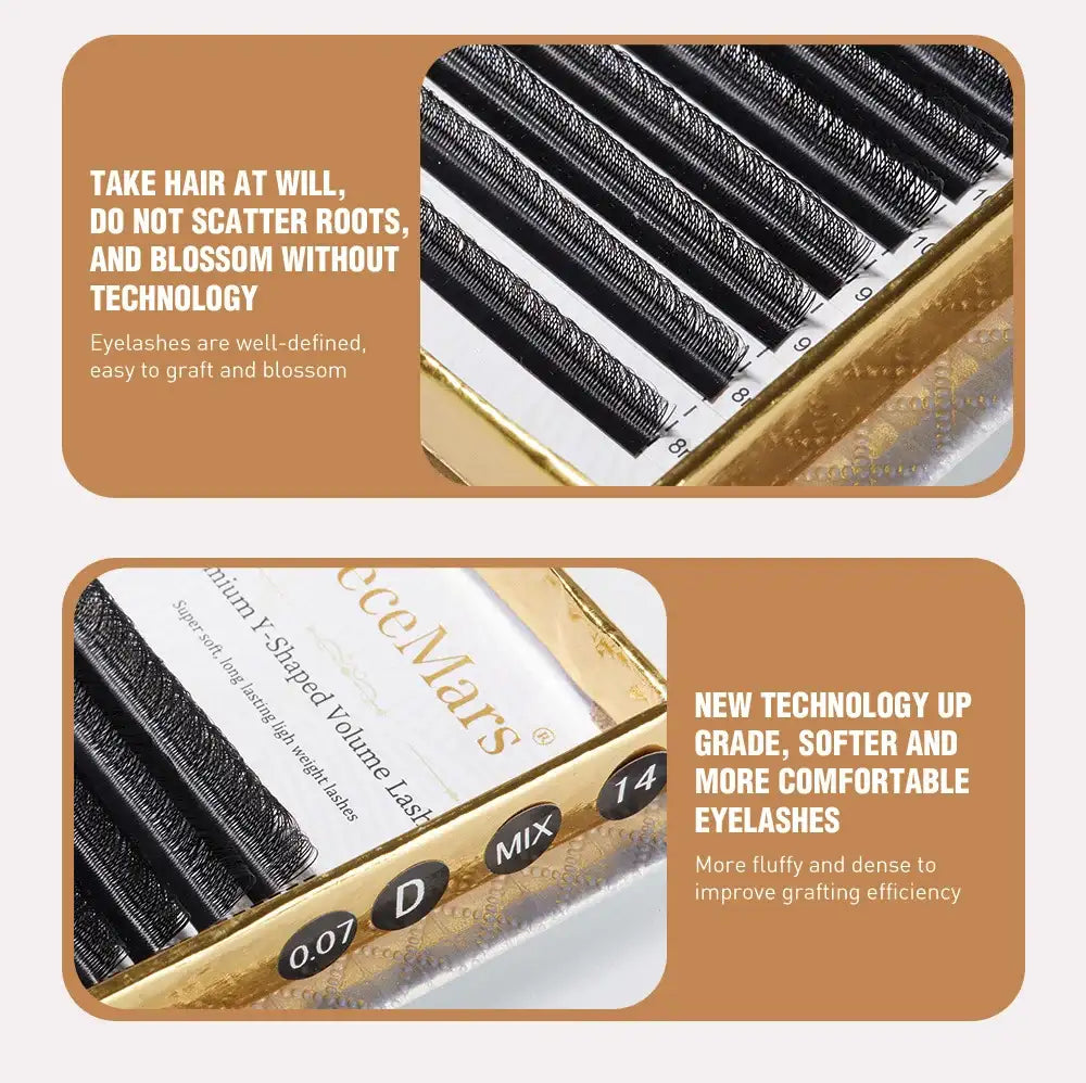 DeceMars black YY-shaped volume eyelash extension strips in a golden case, labeled 0.07 thickness and D-curl.