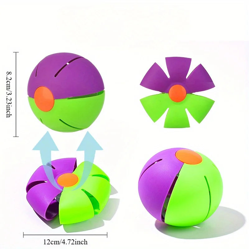 Durable purple and green plastic interactive UFO dog toy that transforms from a ball to a flying disc for active play.