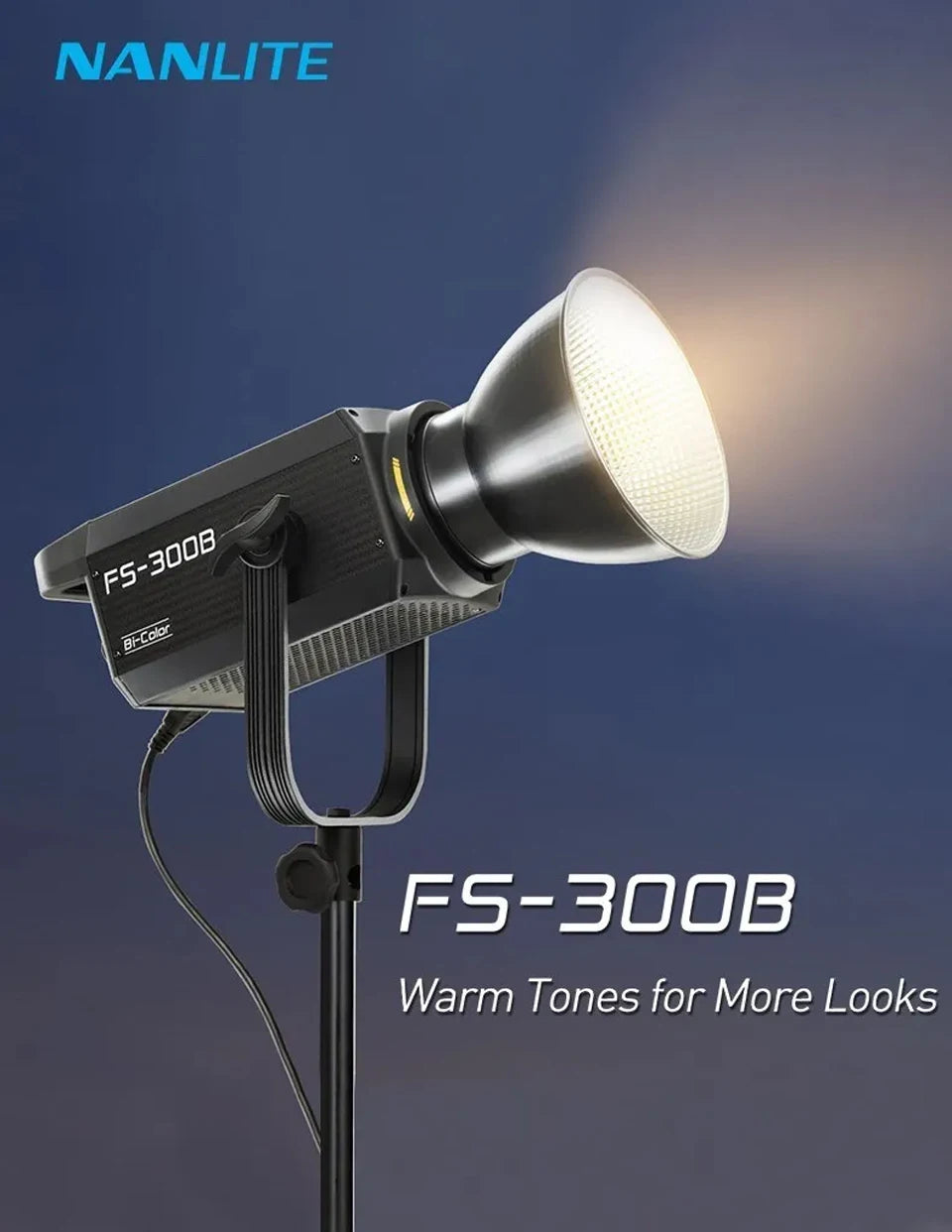 FS-300B bi-color LED video light with a silver reflector, mounted on a stand for professional photography lighting.