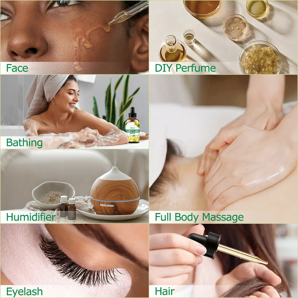 Ylang ylang essential oil is used for skin care, massage, bathing, and is suitable for face, body, nails and hair.